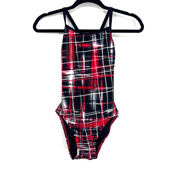 Speedo Plaid PowerFlex Eco Black Red High Neck One Piece Bathing Suit Size 6 32 - Picture 1 of 9